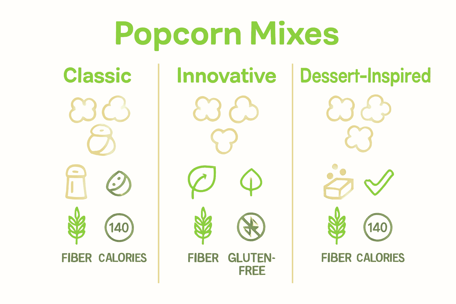 Comparison of three types of popcorn mixes with icons for flavors and nutrition.