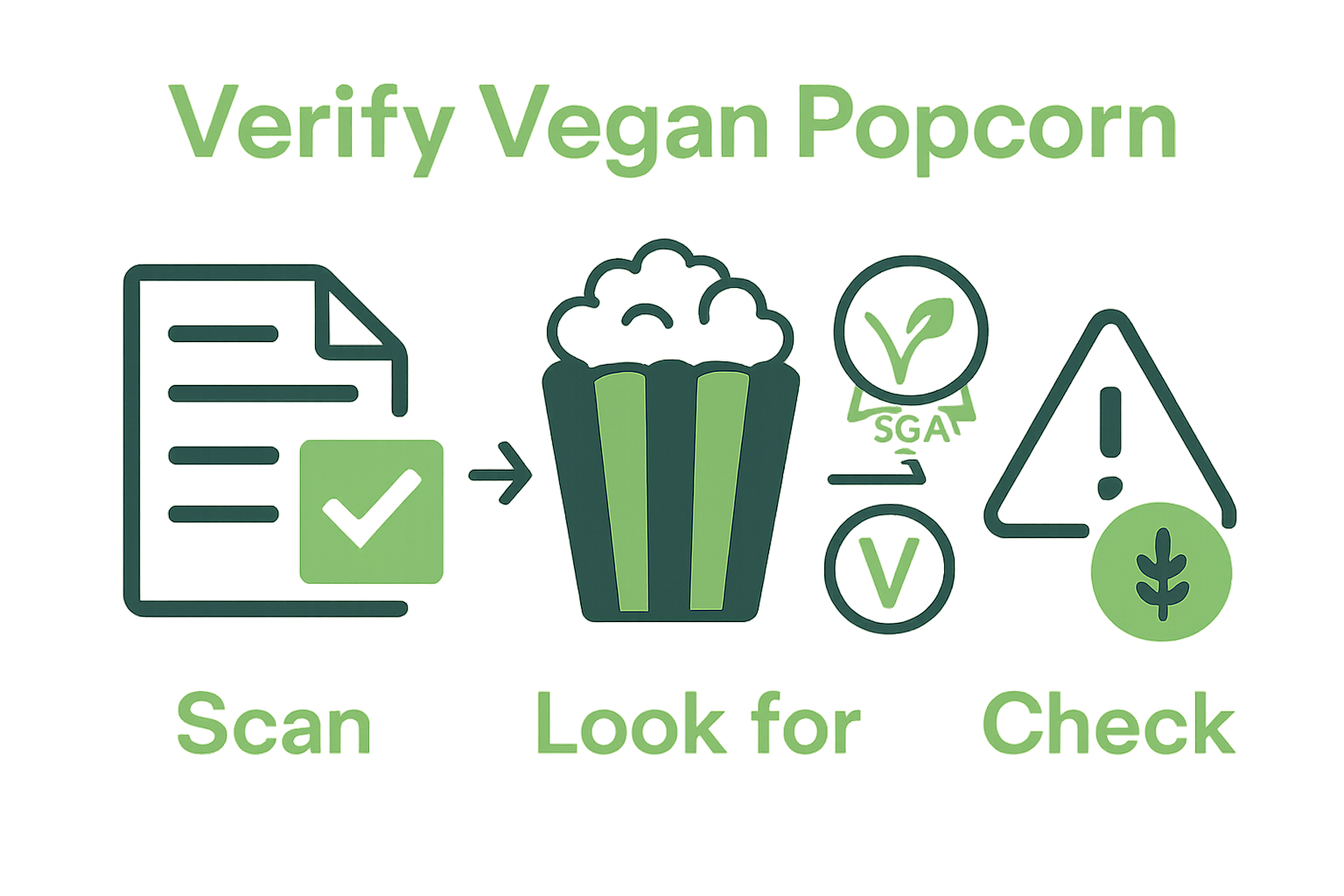 Three-step infographic to verify vegan popcorn: ingredients, certification, allergen warnings.