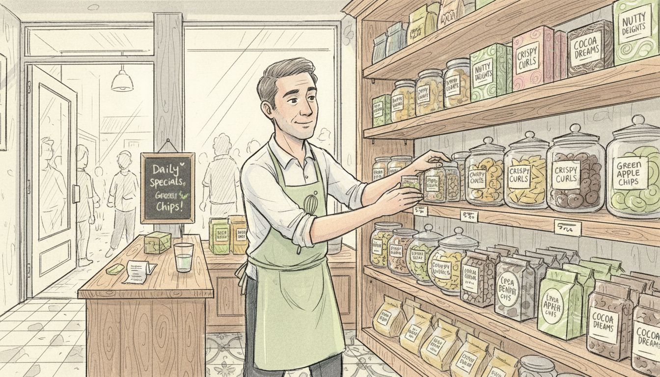 Shopkeeper arranging gourmet snacks on shelves