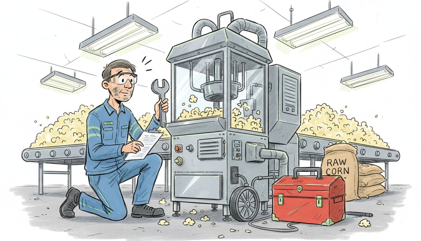 Technician checks popcorn production machinery