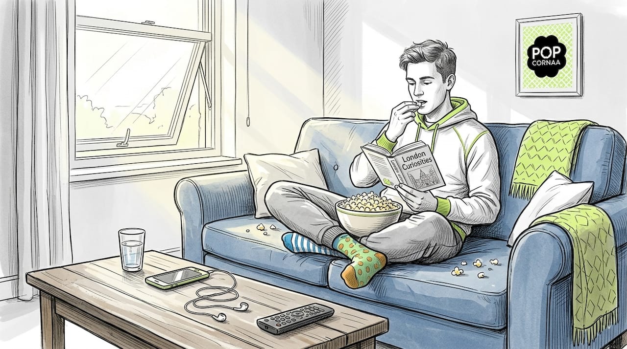 Man eating popcorn on sofa reading a book