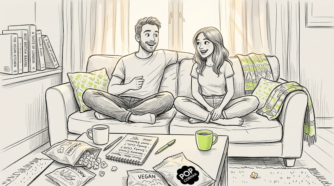 Couple tasting vegan popcorn on sofa