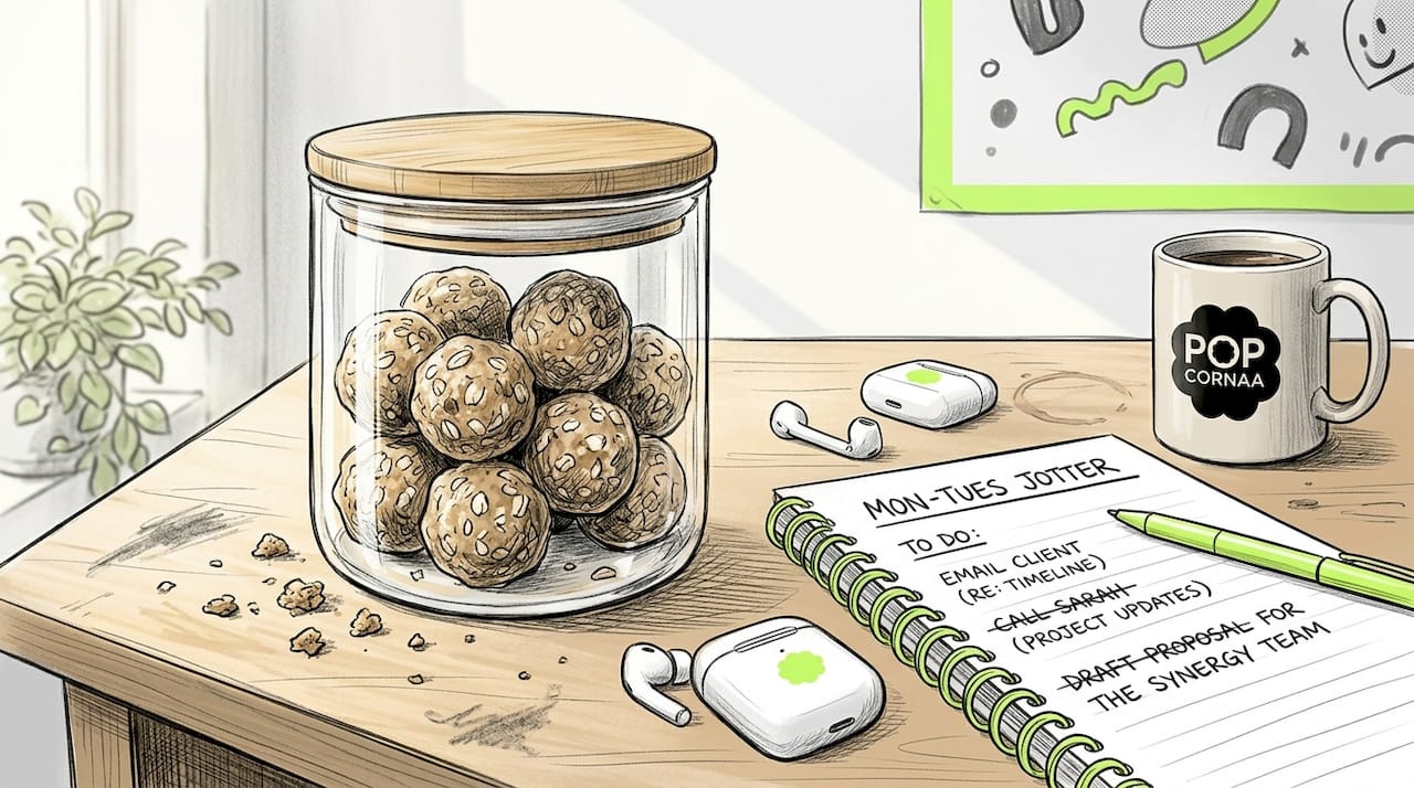 Closeup of vegan energy balls on office desk