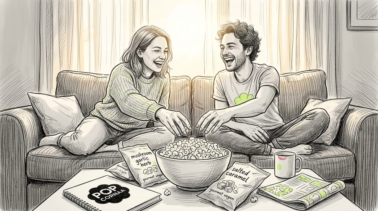 Friends sharing gourmet vegan popcorn at home
