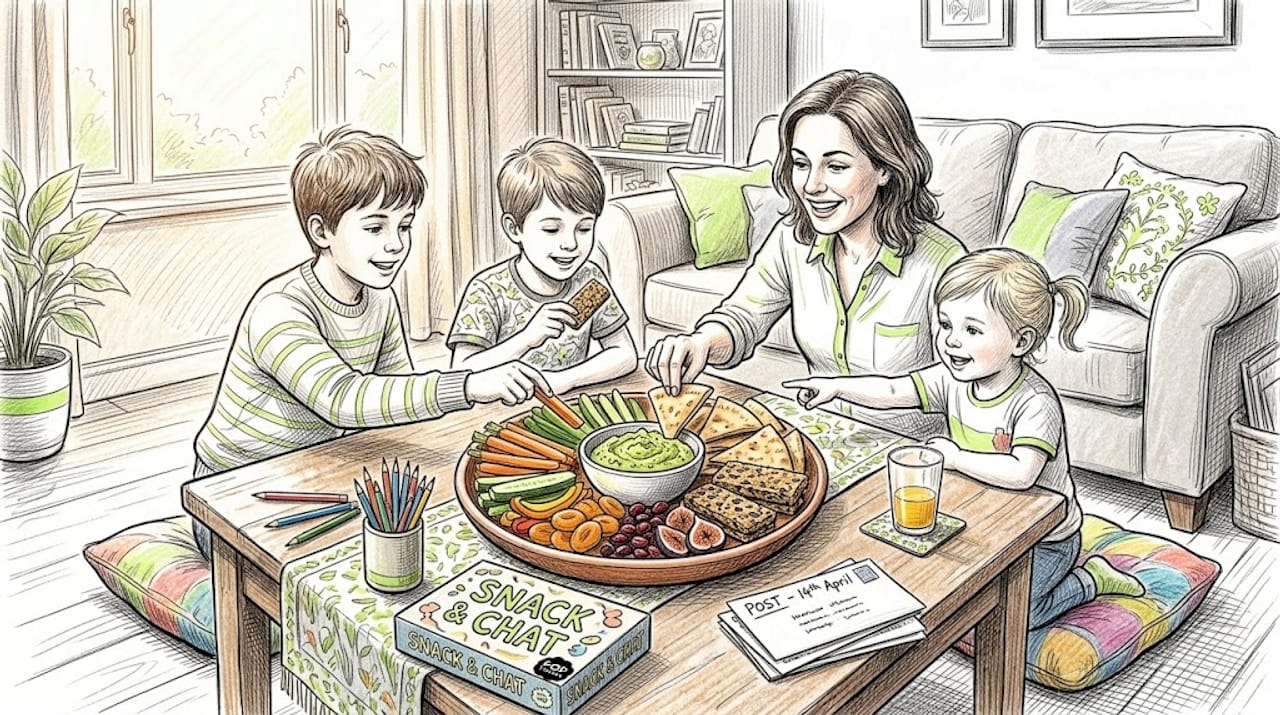 Family sharing vegan snacks from large platter