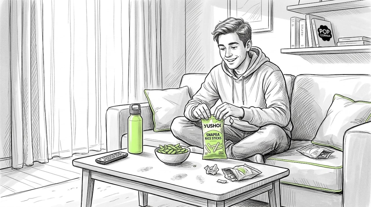 Man opening Yushoi Snapea Rice Sticks in lounge