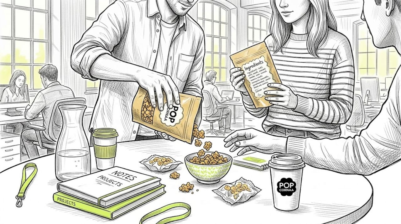 Colleagues sharing healthy nut seed snacks at work