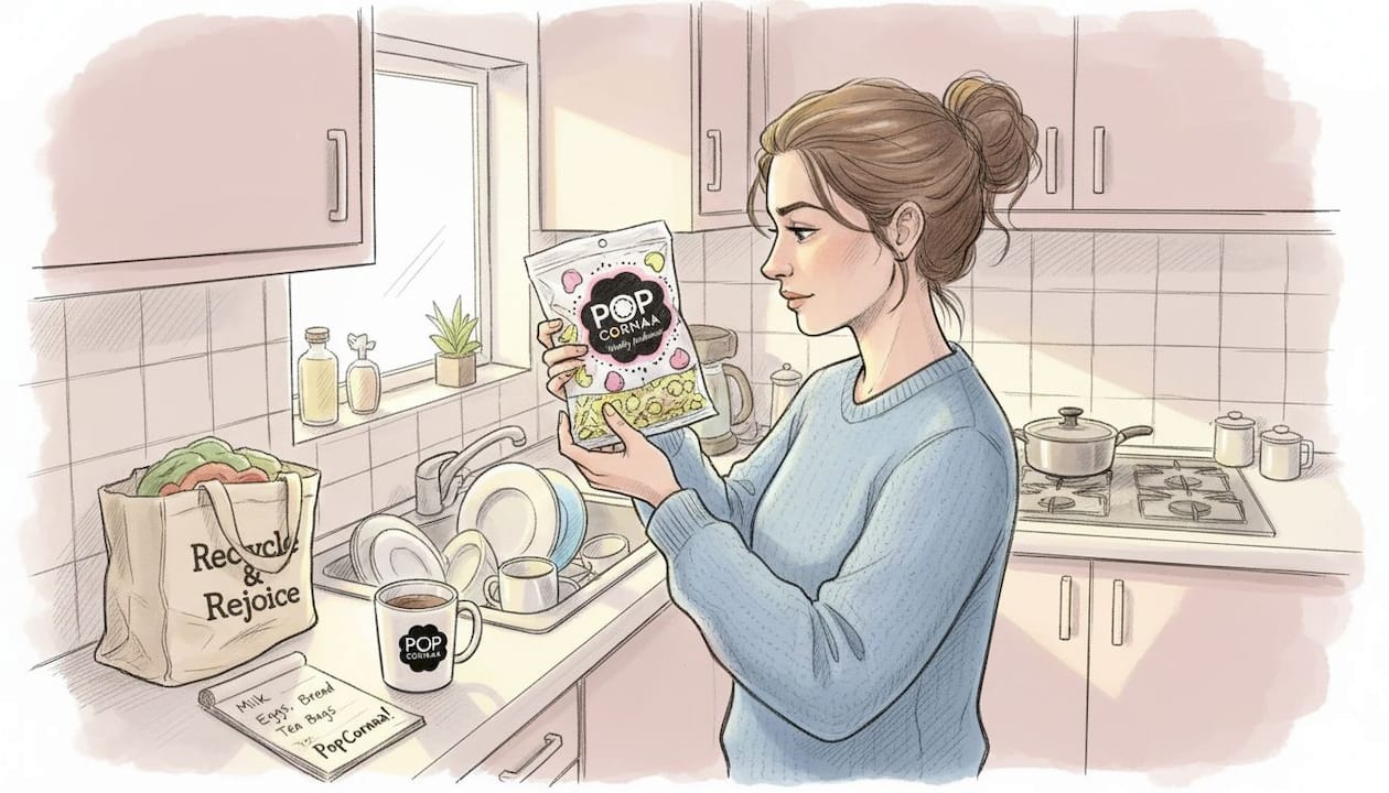 Woman reading snack label in bright kitchen