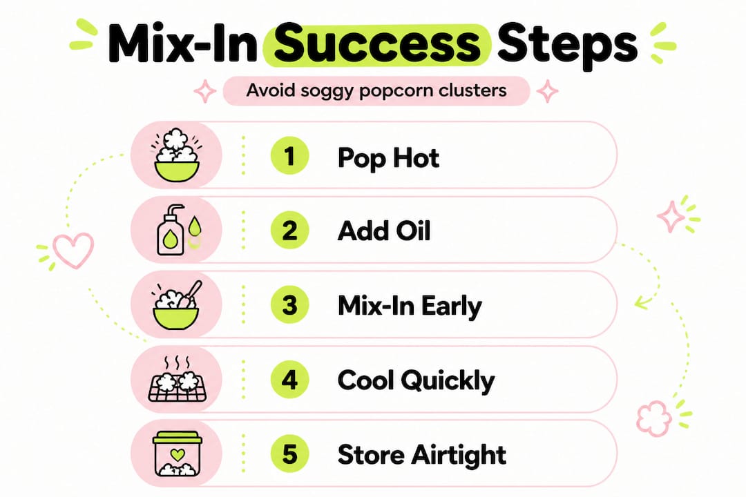 Infographic showing steps for crisp popcorn mix-ins