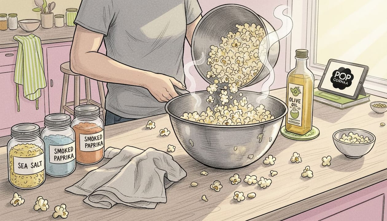 Pouring hot popcorn into mixing bowl