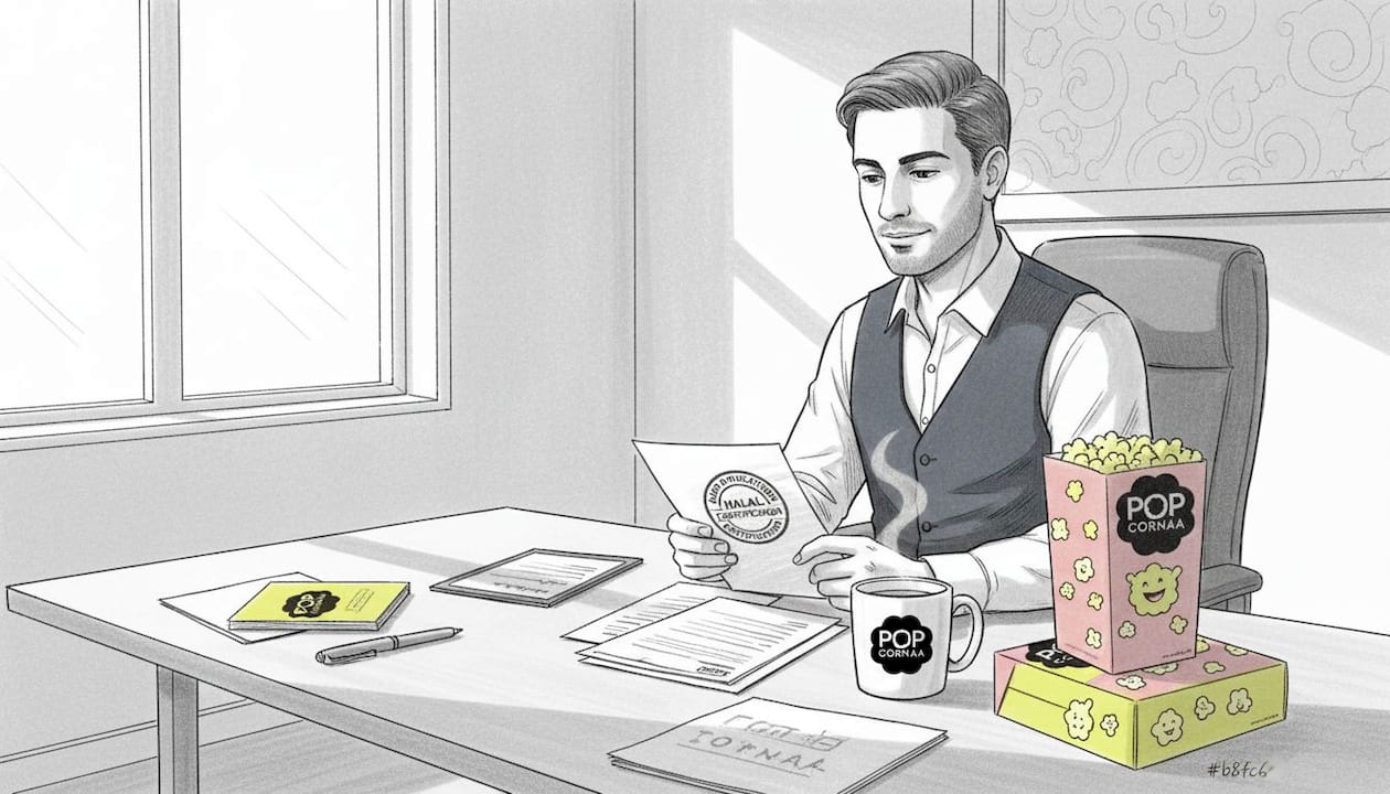Manager reviews halal certification for snack products