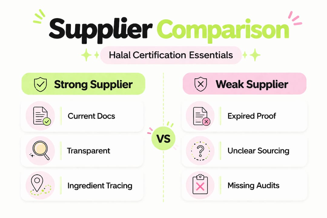 Infographic comparing strong and weak halal suppliers