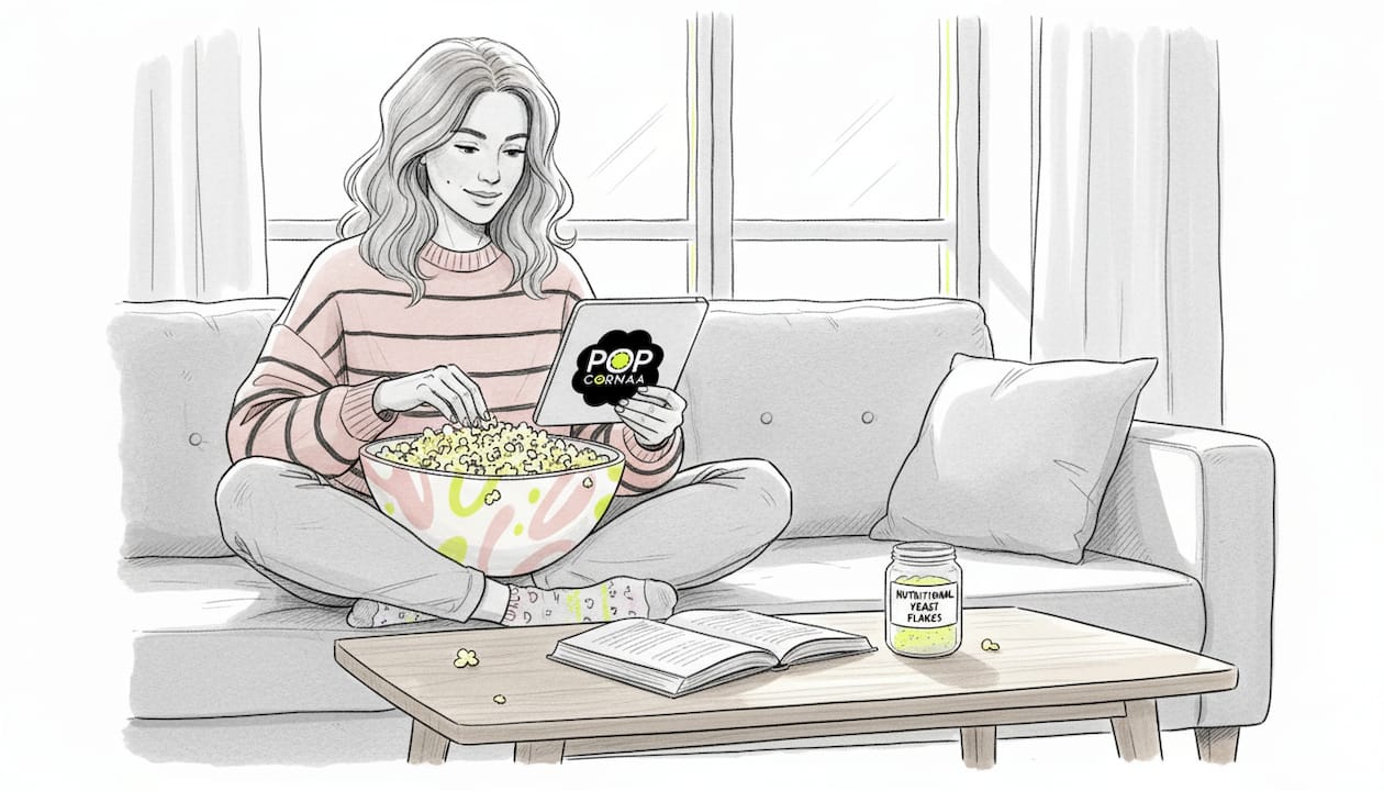 Woman enjoying popcorn snack on couch