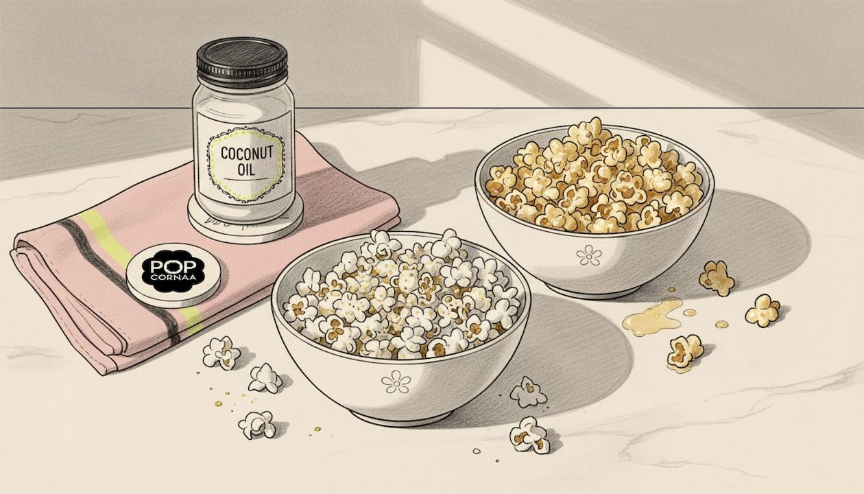 Bowl of vegan and traditional popcorn in kitchen