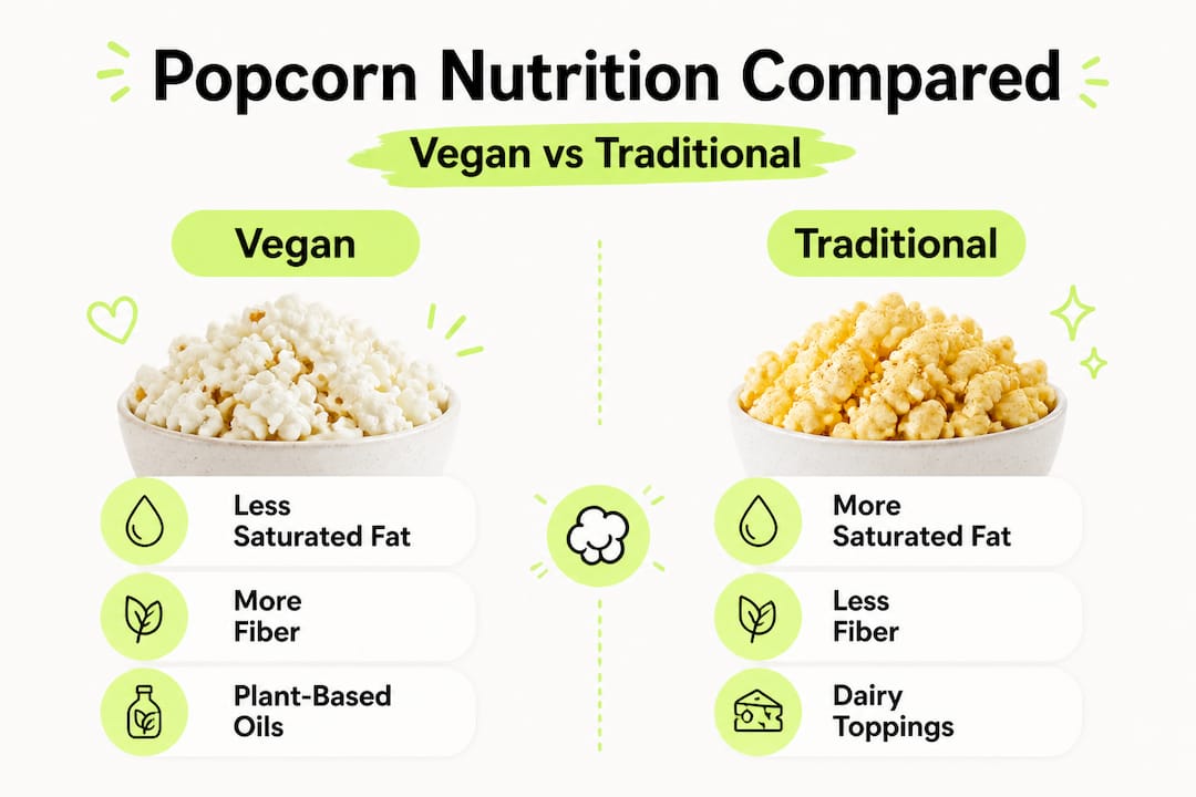Infographic compares vegan and traditional popcorn nutrition
