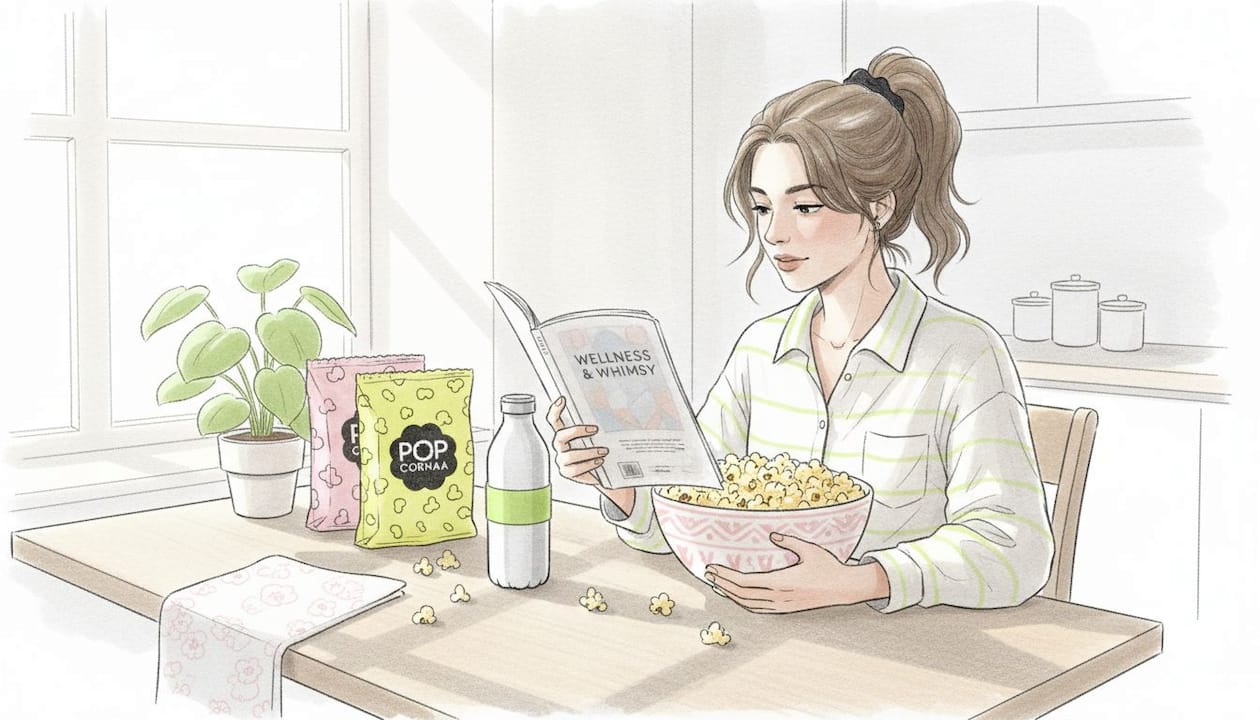 Woman eating gourmet popcorn at kitchen table