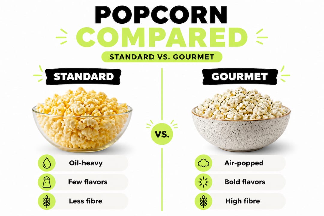 Infographic comparing standard and gourmet popcorn