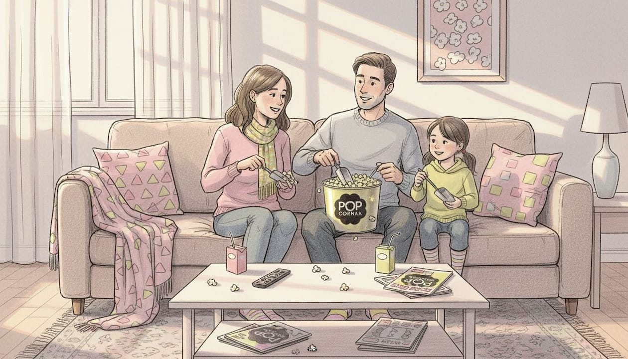 Family sharing gourmet popcorn tin on sofa