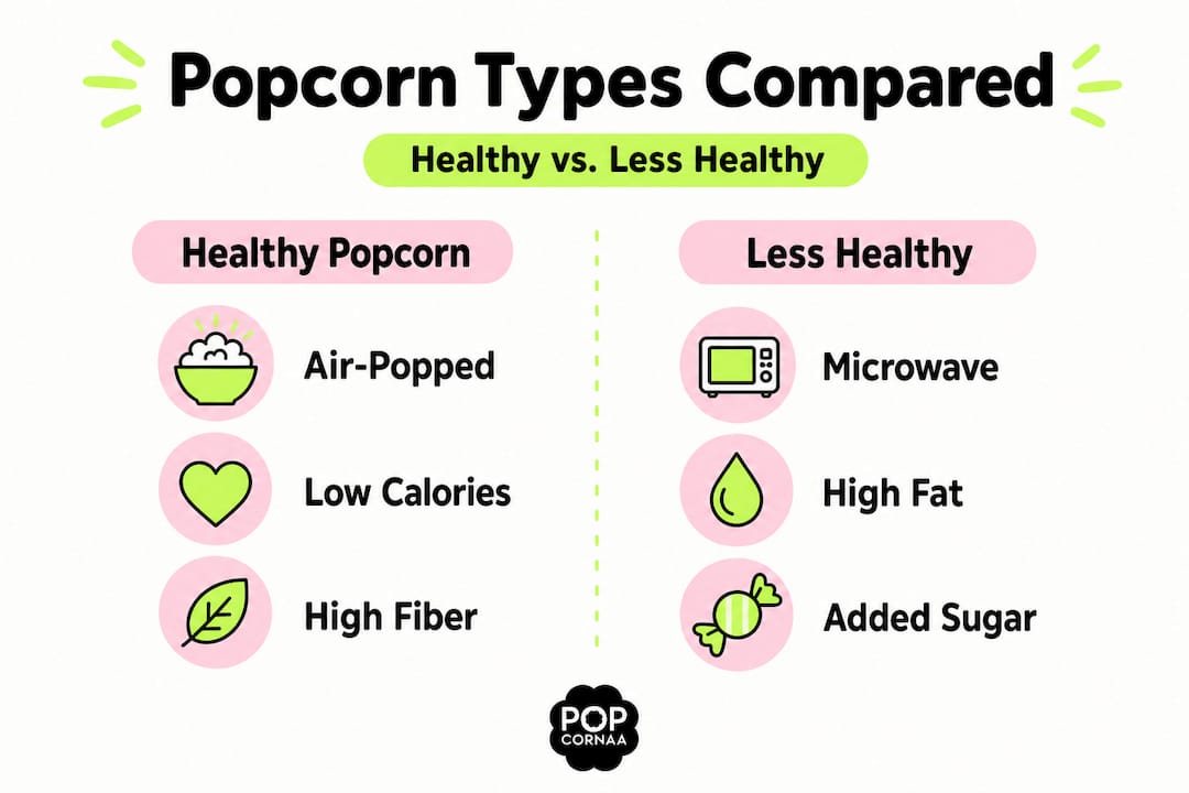 Infographic comparing healthy and unhealthy popcorn types