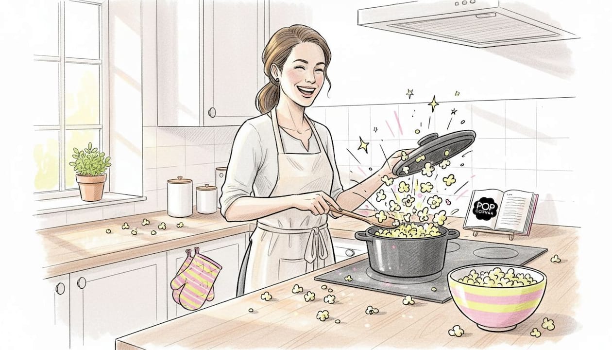 Woman popping popcorn on kitchen stove