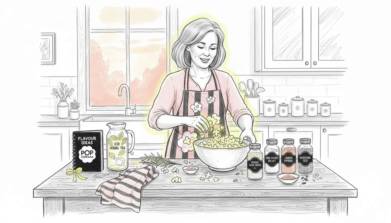 Woman seasoning gourmet popcorn in bright kitchen