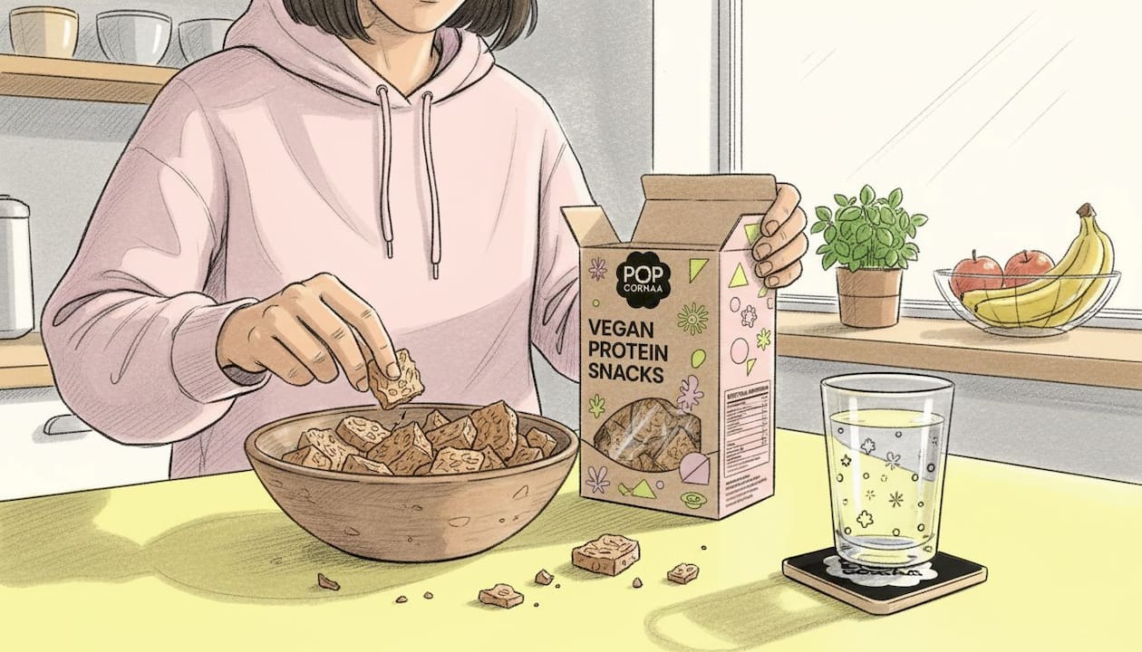 Person checking vegan snack nutrition label in kitchen