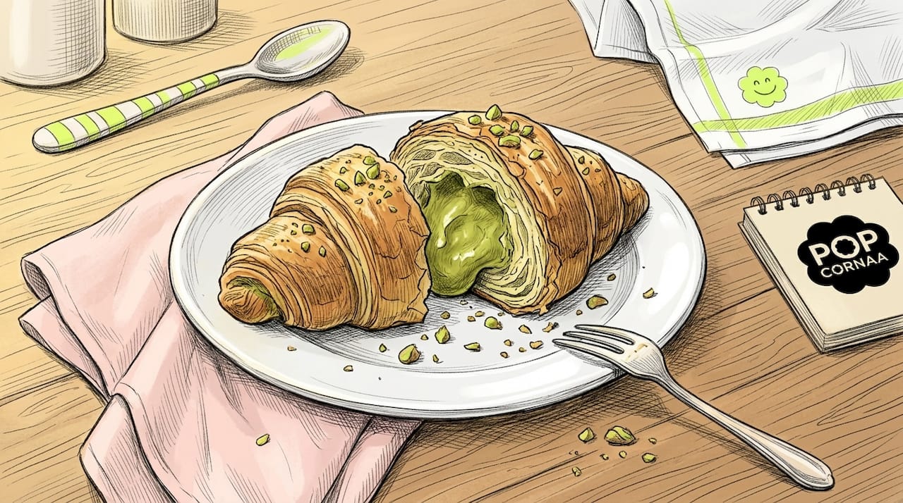 Pistachio croissant cracked open on kitchen plate