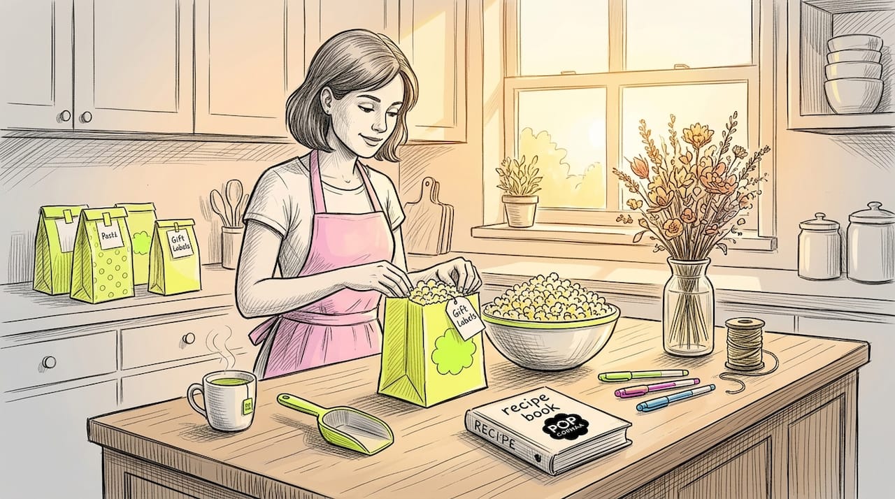Woman packaging personalized popcorn gifts at kitchen counter