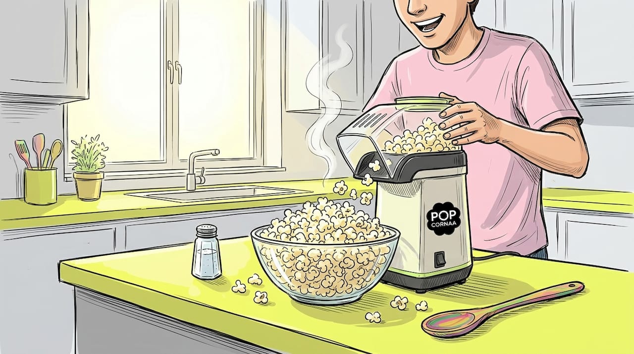 Person making air-popped popcorn in kitchen