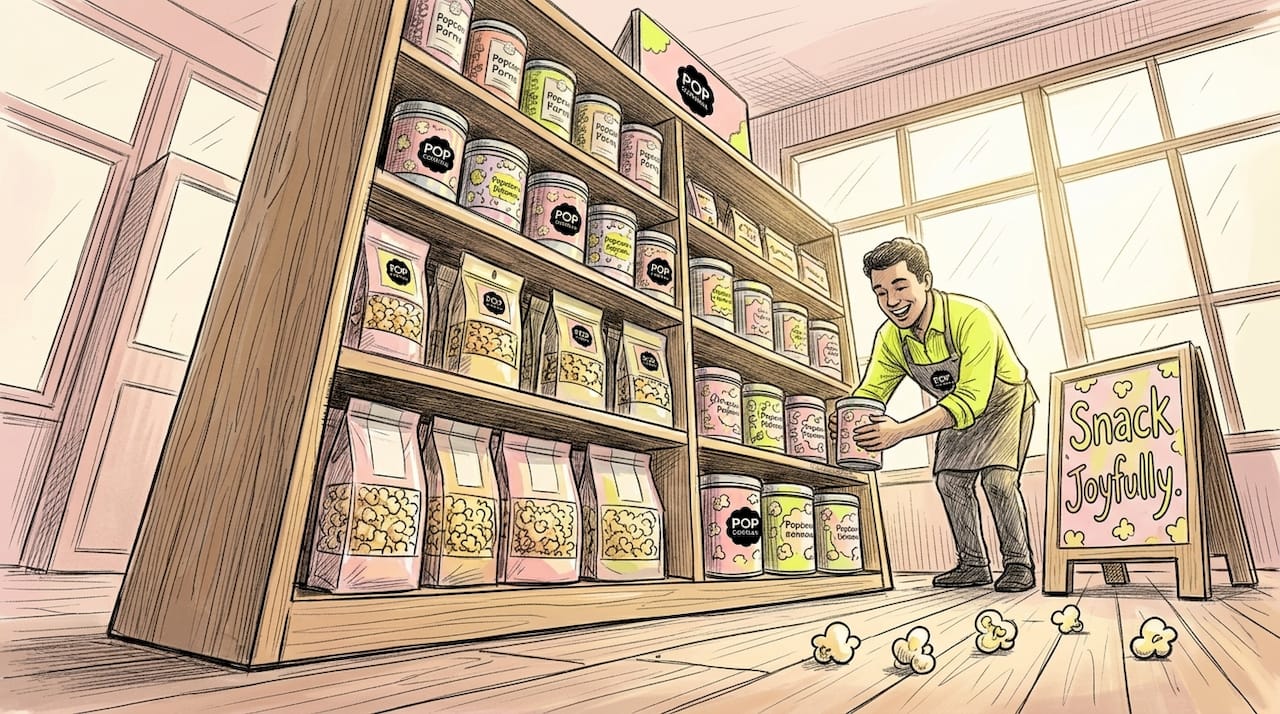 Retail shelf with tins and bags of gourmet popcorn