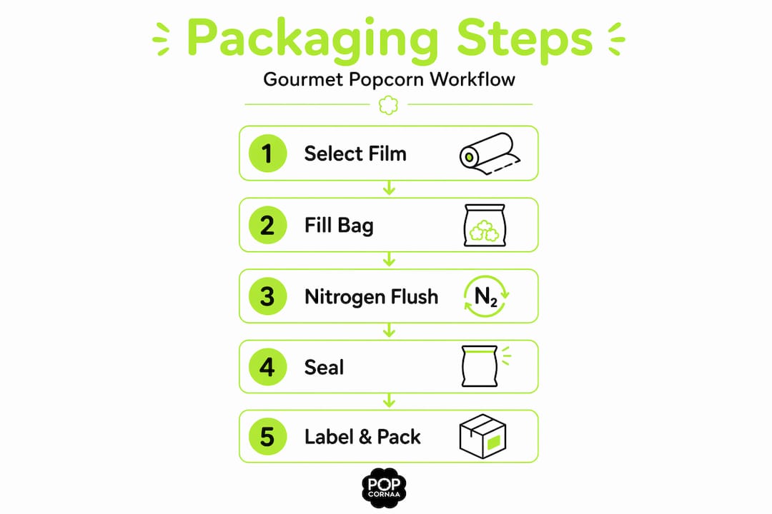 Vertical infographic showing popcorn packaging steps