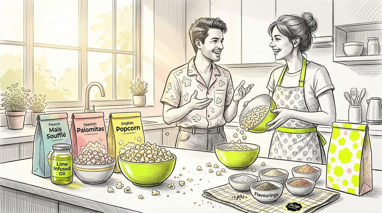 International popcorn bowls on kitchen counter