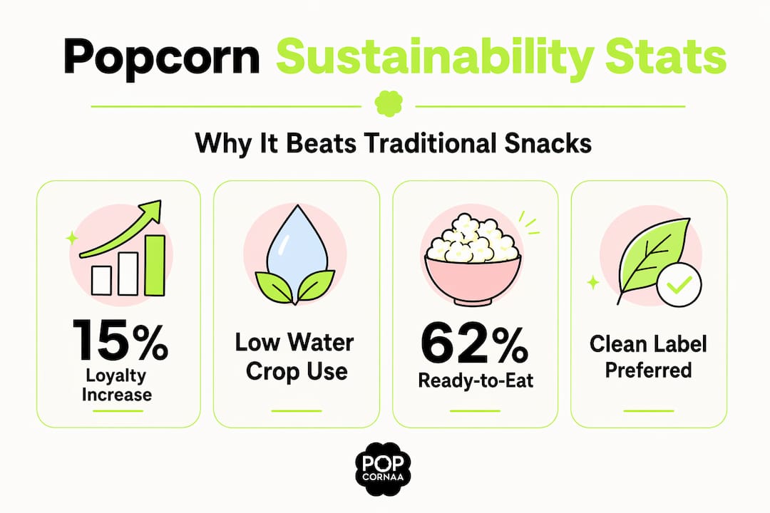 Stat infographic highlighting popcorn sustainability advantages