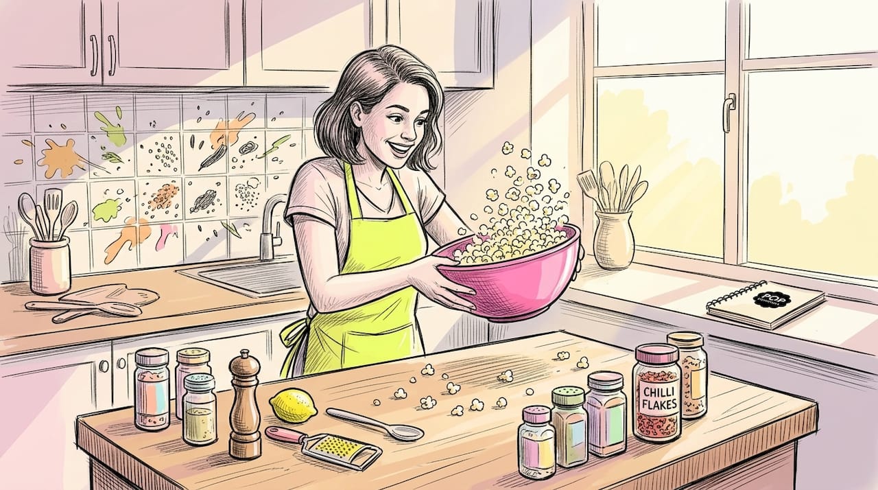 Home cook seasoning popcorn in bright kitchen