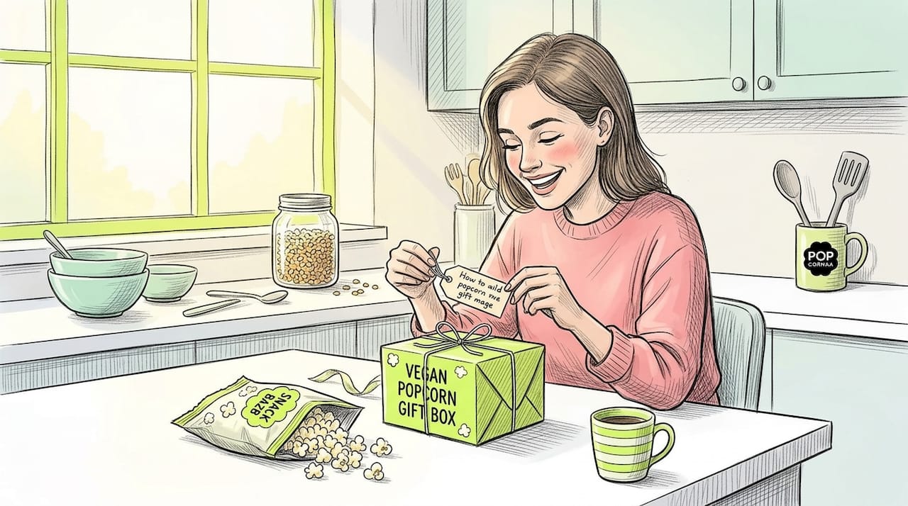 Person opening vegan popcorn gift box in kitchen