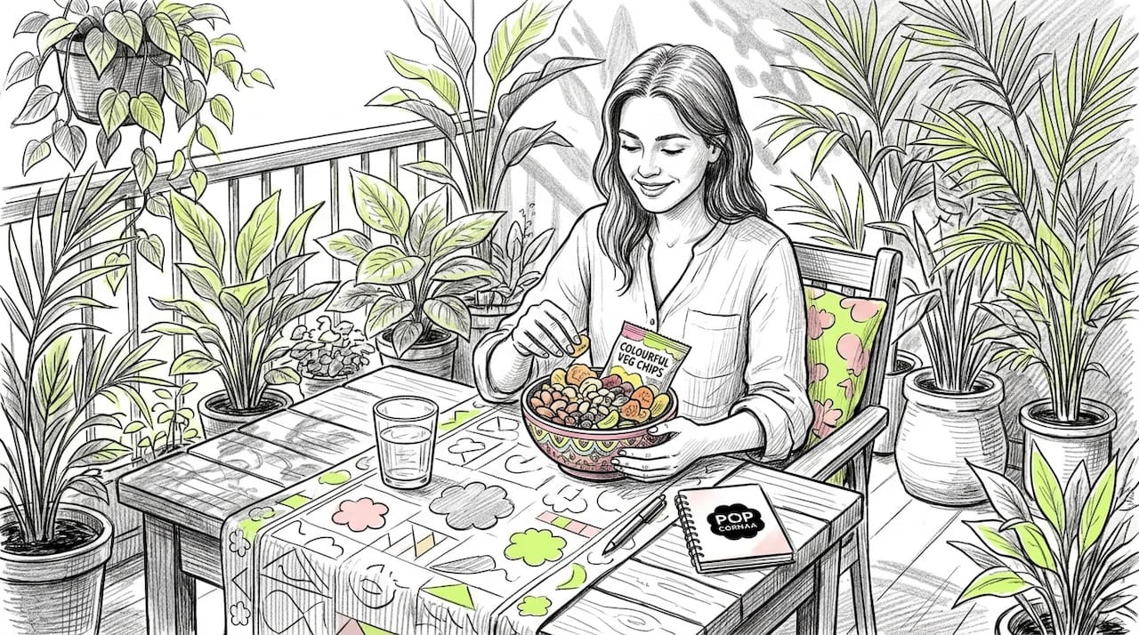 Woman enjoying vegan snacks in kitchen nook