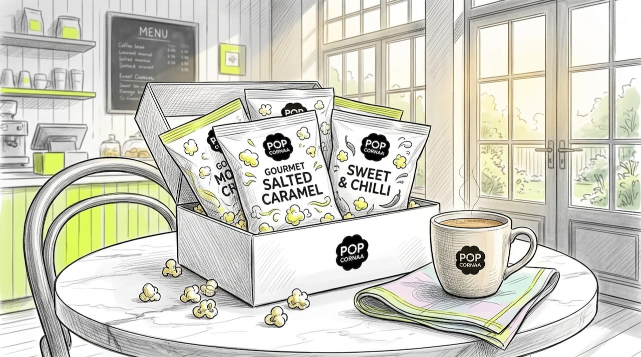 Gourmet popcorn gift box on coffee table