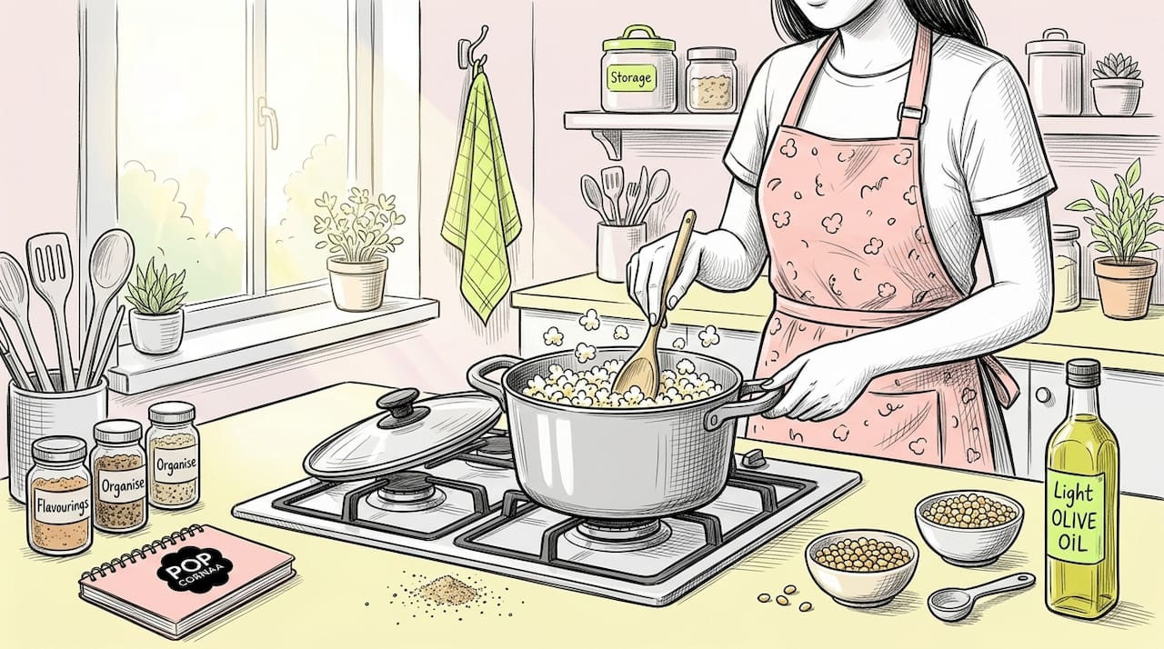 Cooking vegan popcorn on stovetop in home kitchen
