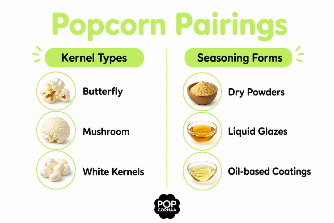 Infographic showing popcorn kernel and seasoning pairings