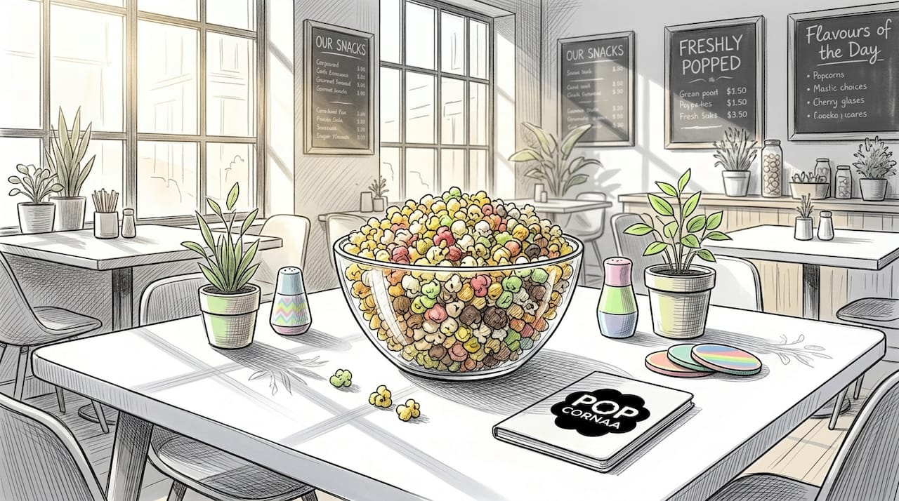 Assorted gourmet popcorn in glass bowl on table