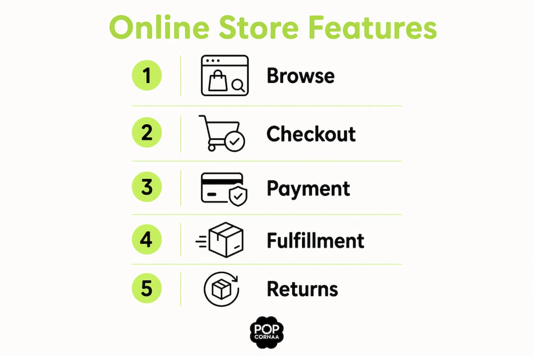 Infographic illustrating key features of an online popcorn store