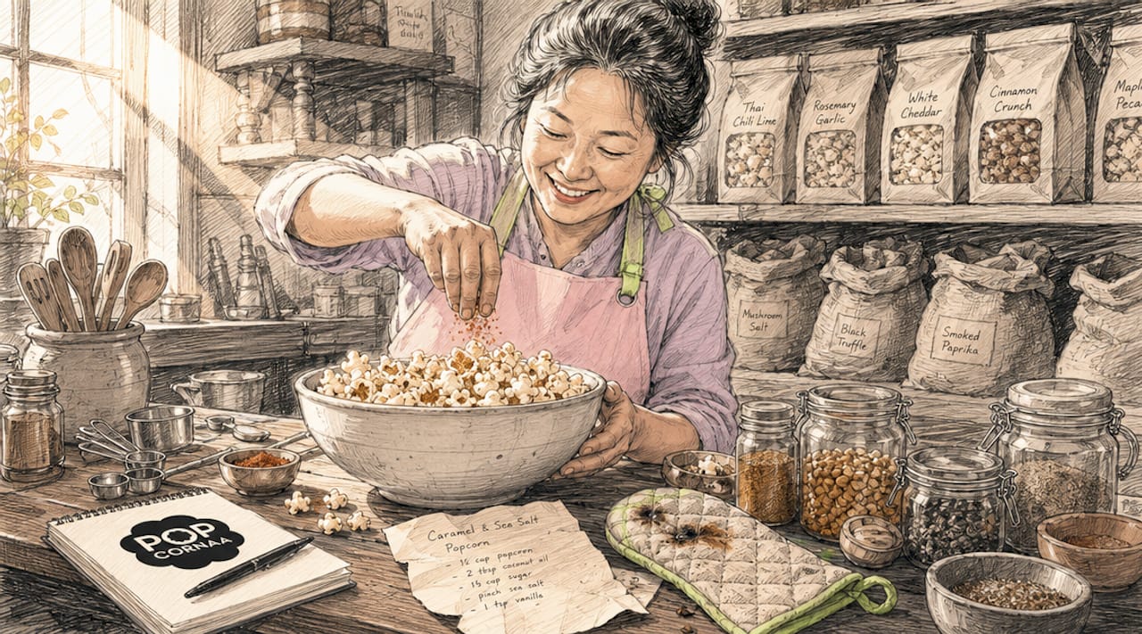 Woman testing artisan gourmet popcorn in kitchen