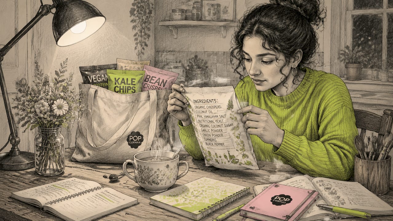 Woman examining vegan snack ingredient label