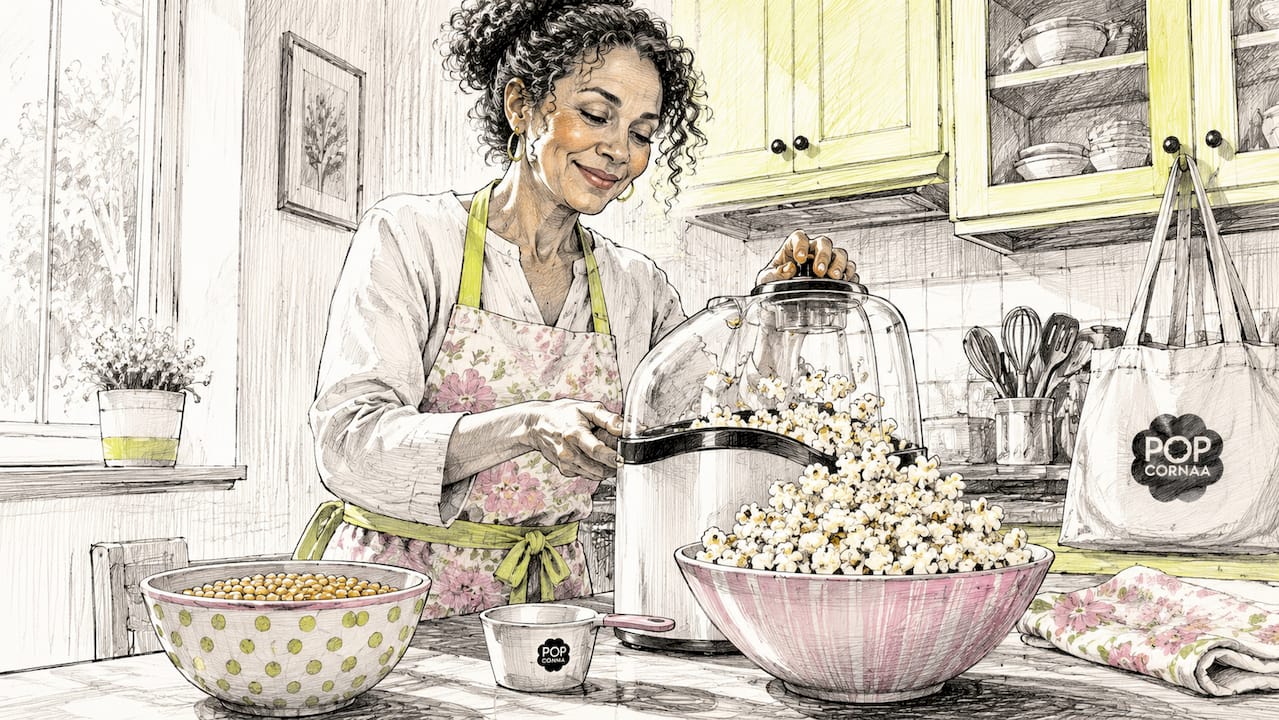 Woman popping plain popcorn in home kitchen