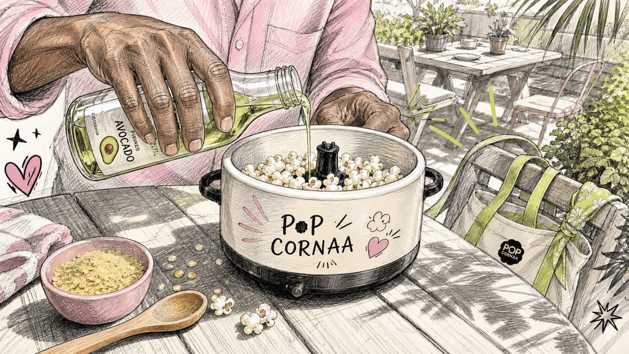 Person preparing non-dairy popcorn in bright kitchen