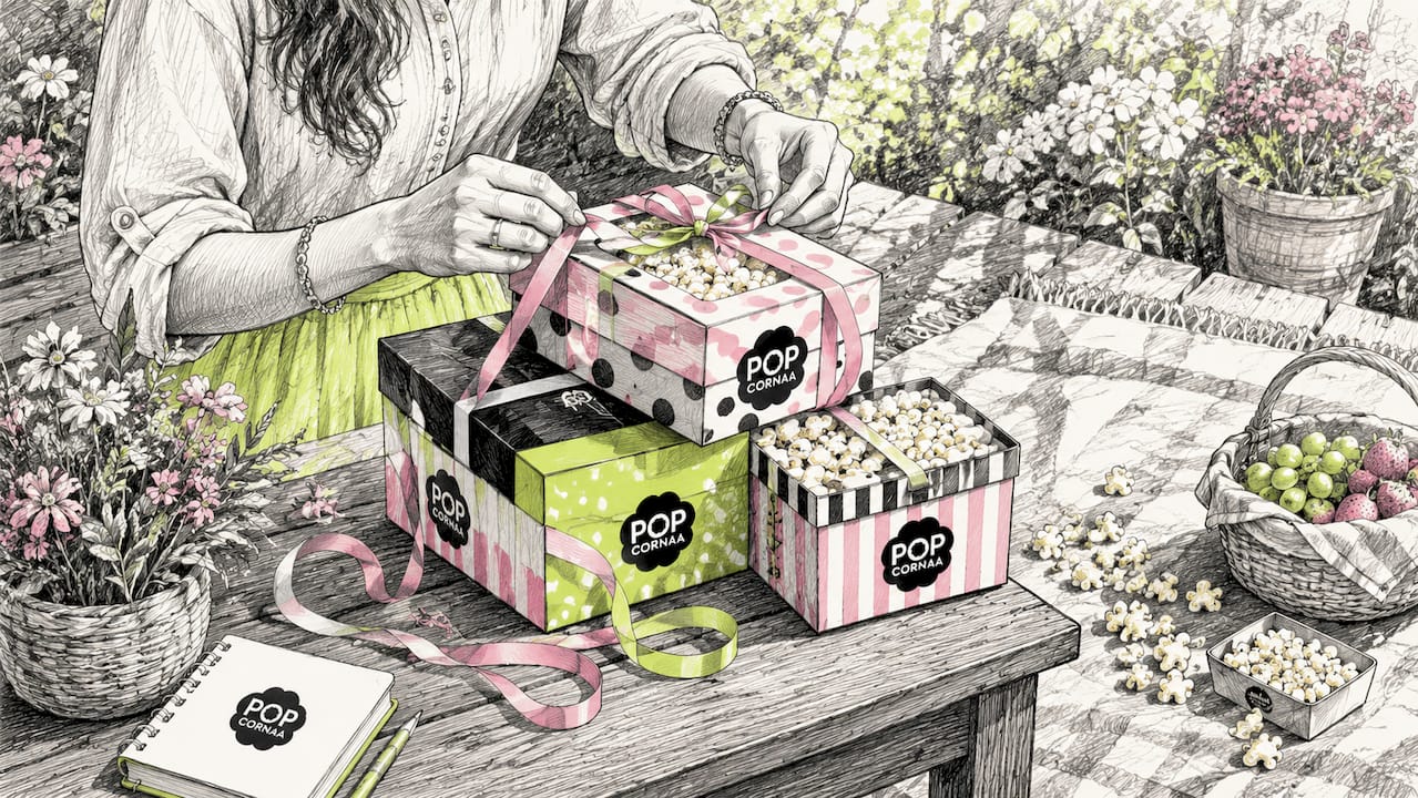 Hands wrapping gourmet popcorn gift tins