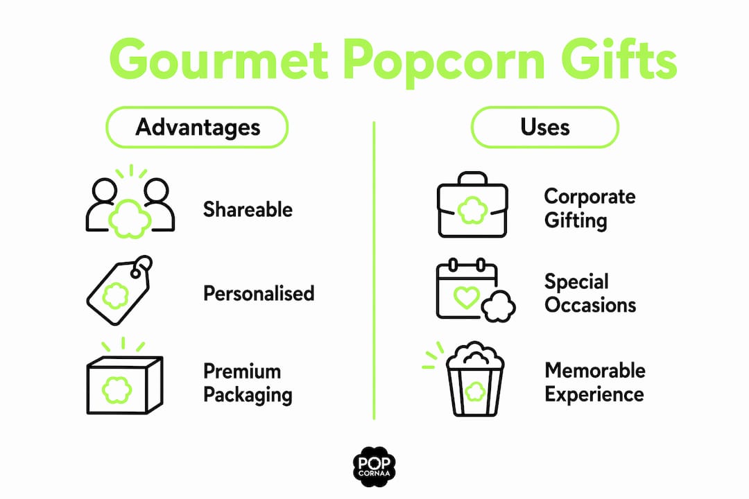 Infographic showing benefits and uses of gourmet popcorn gifts