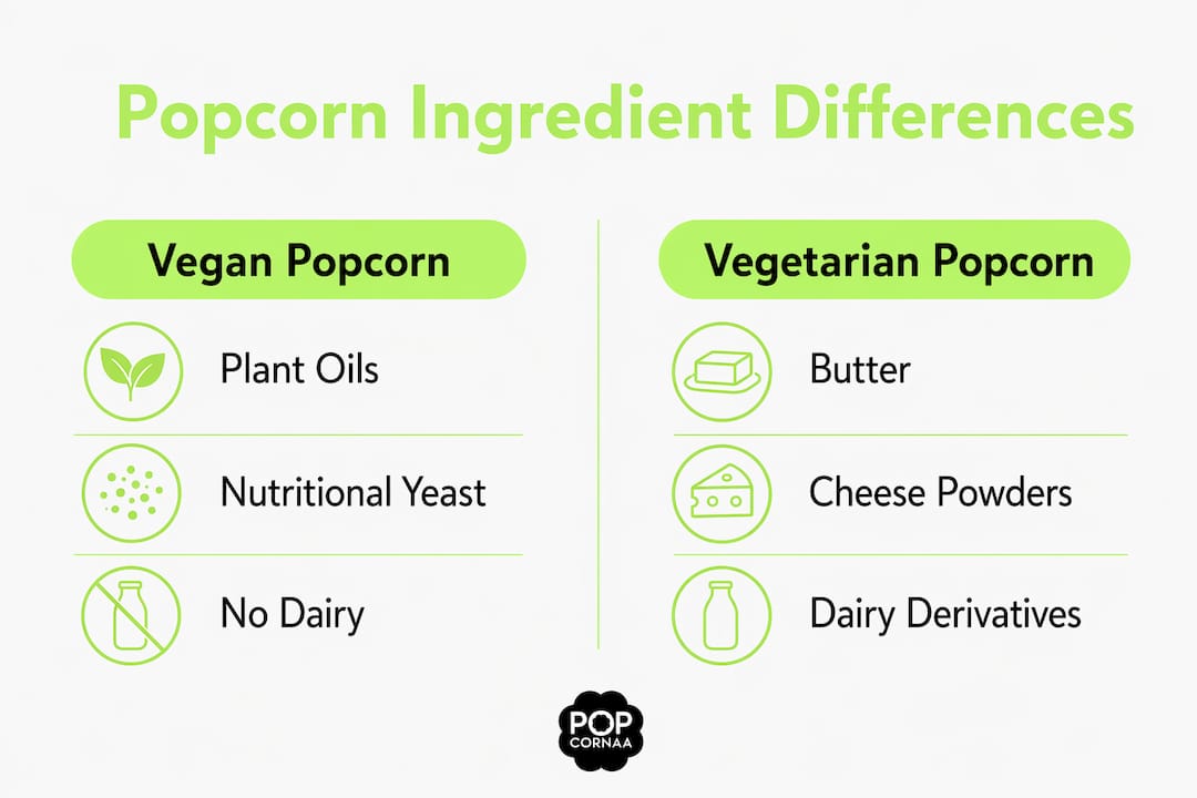 Infographic comparing vegan and vegetarian popcorn ingredients