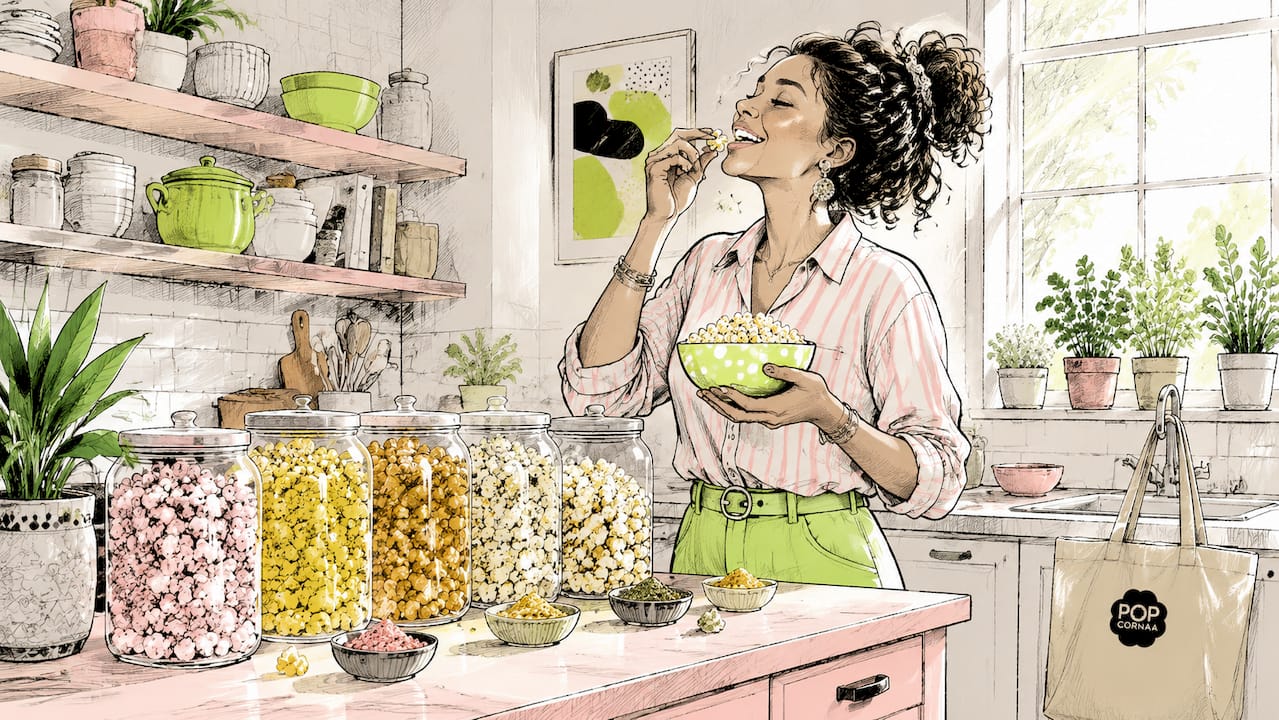 Woman tasting gourmet popcorn at home