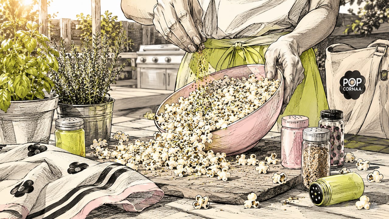Hands seasoning warm popcorn in kitchen